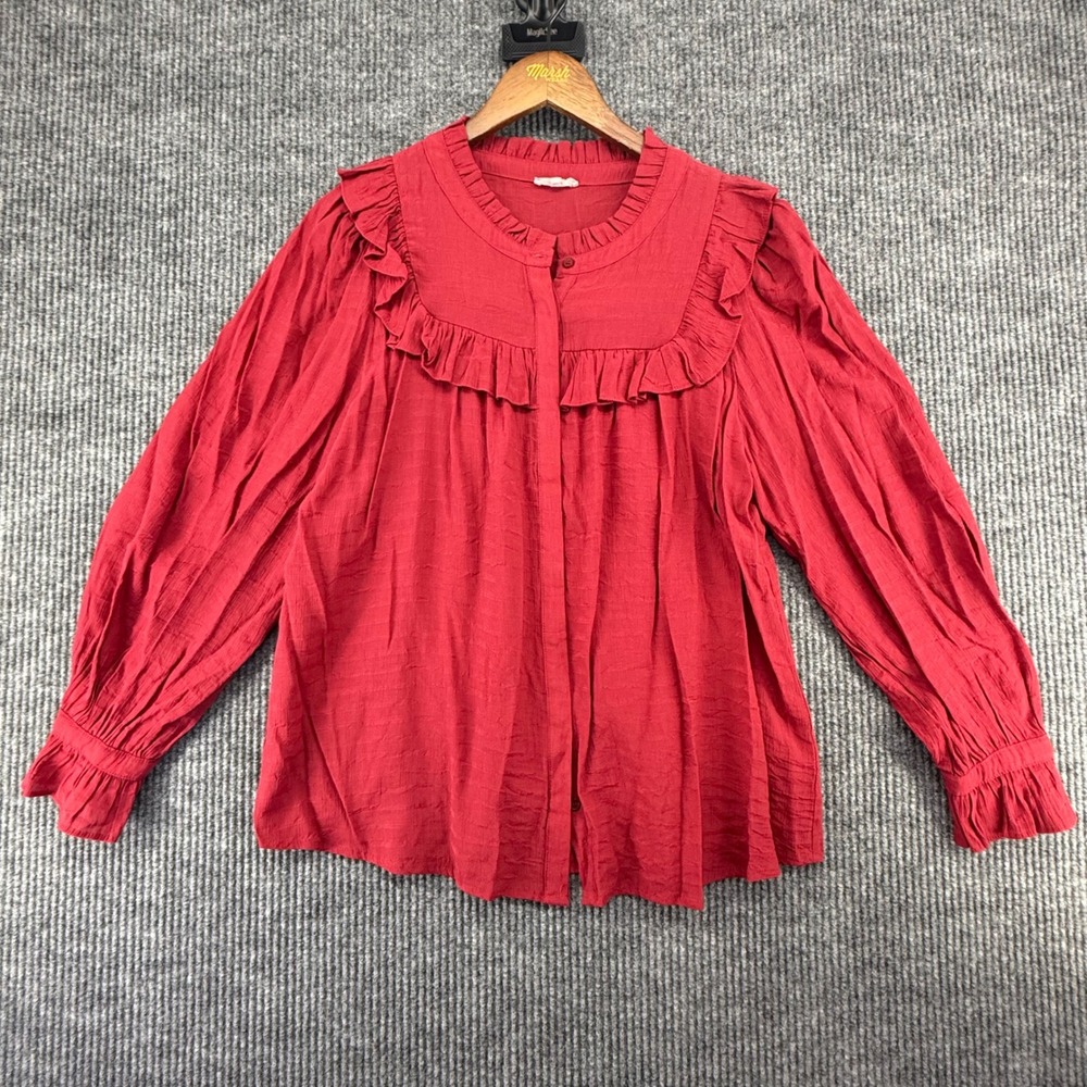 Jodifl Blouse Womens Large Red Excellent Ruffle Yoke Long Sleeve Button Front